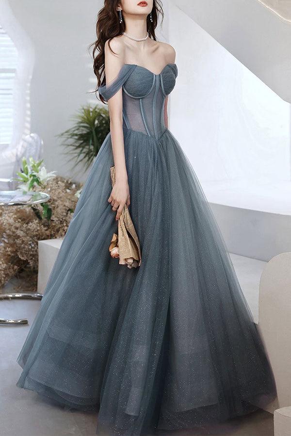 A-line Tulle Long Prom Dress Off The Shoulder Evening Dress