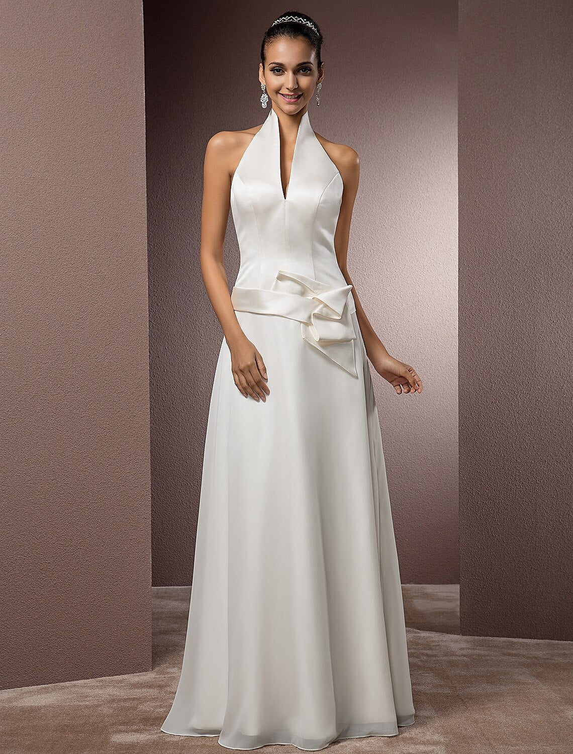 Hall Wedding Dresses Sheath / Column Halter Neck Sleeveless Floor Length Satin Bridal Gowns With Sash / Ribbon