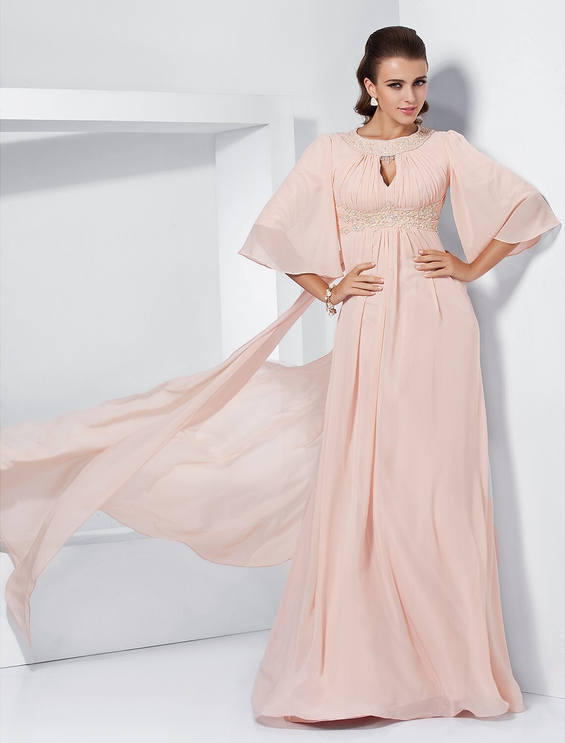 A-Line Special Occasion Dresses Elegant Dress Wedding Guest Formal Evening Sweep / Brush Train Half Sleeve Jewel Neck Chiffon with Beading Draping