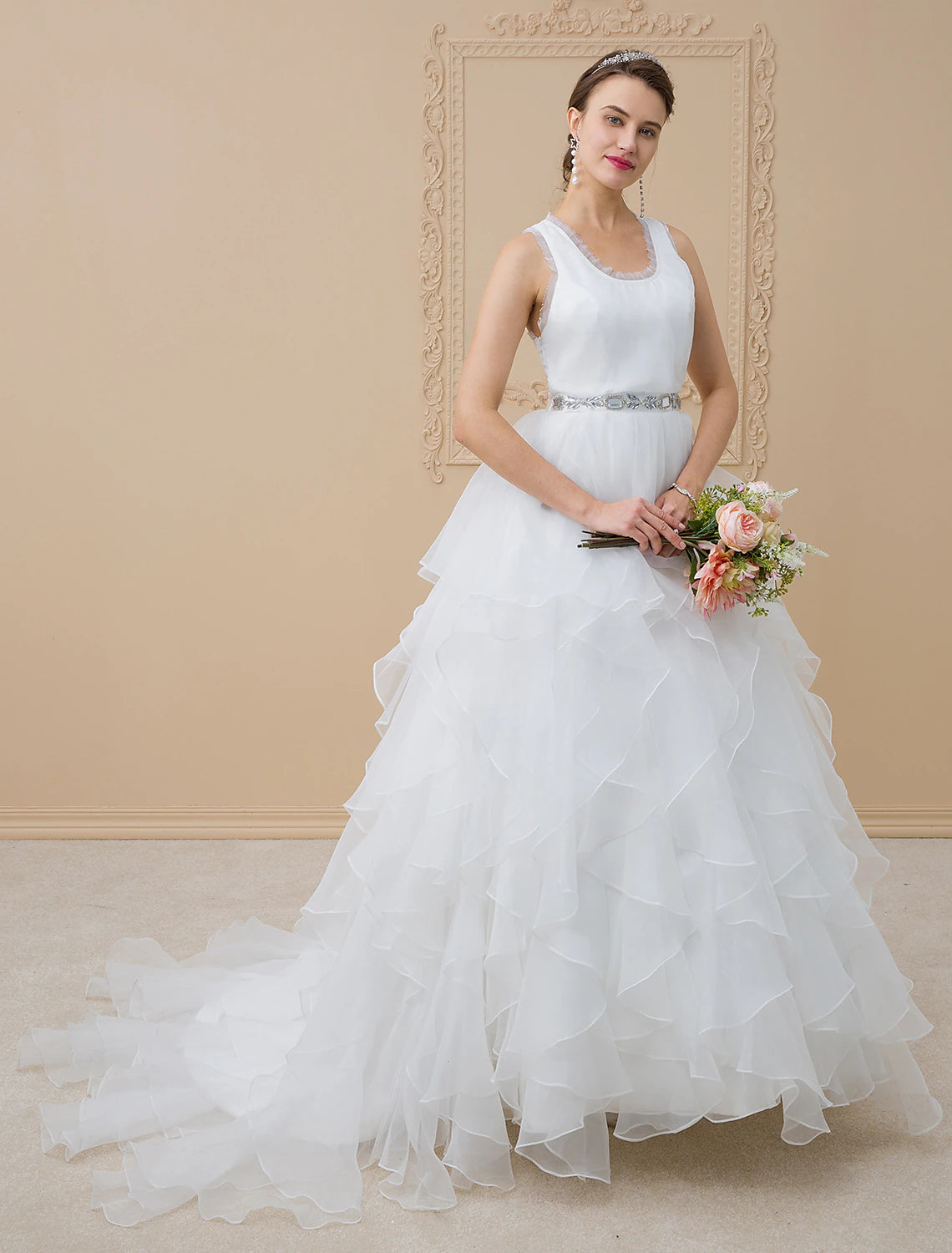 A-Line Scoop Neck Sweep / Brush Train Chiffon / Tulle Made-To-Measure Wedding Dresses with Appliques