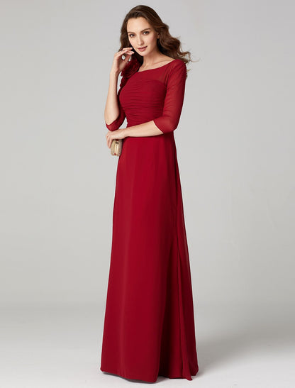 Sheath / Column Keyhole Dress Holiday Floor Length 3/4 Length Sleeve Bateau Neck Charmeuse with Ruched Flower