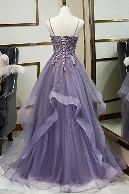 A-line Long Tulle Spaghetti Straps Layered Prom Dress With Lace Applique