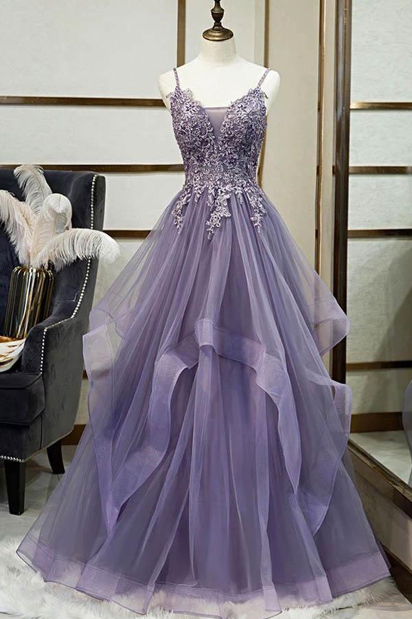 A-line Long Tulle Spaghetti Straps Layered Prom Dress With Lace Applique