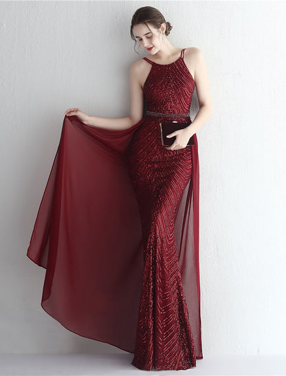 Mermaid / Trumpet Prom Dresses Elegant Dress Formal Floor Length Sleeveless Halter Chiffon with Beading Sequin