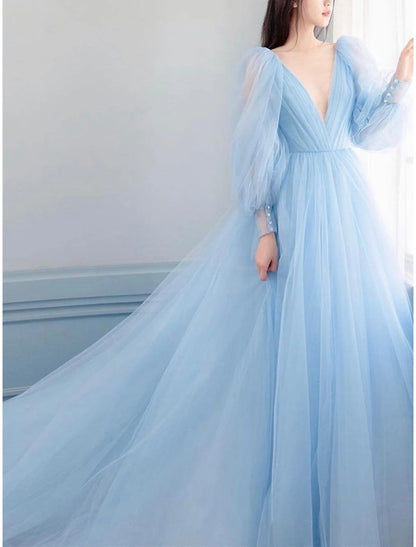 A-Line Prom Dresses Luxurious Dress Engagement Prom Watteau Train Long Sleeve V Neck Tulle V Back with Sleek Pure Color