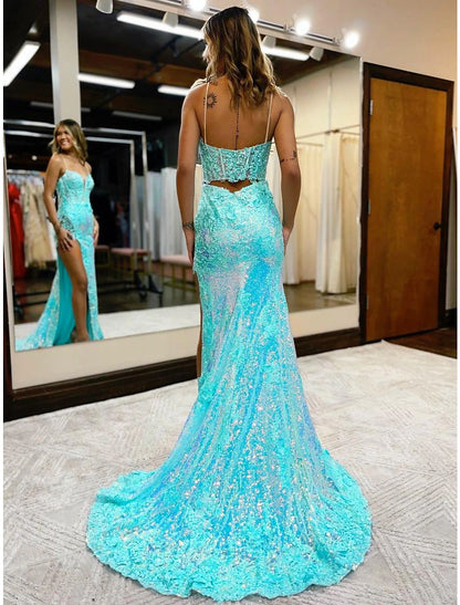 Mermaid / Trumpet Prom Dresses High Split Dress Formal Court Train Sleeveless V Neck Sequined with Slit Appliques