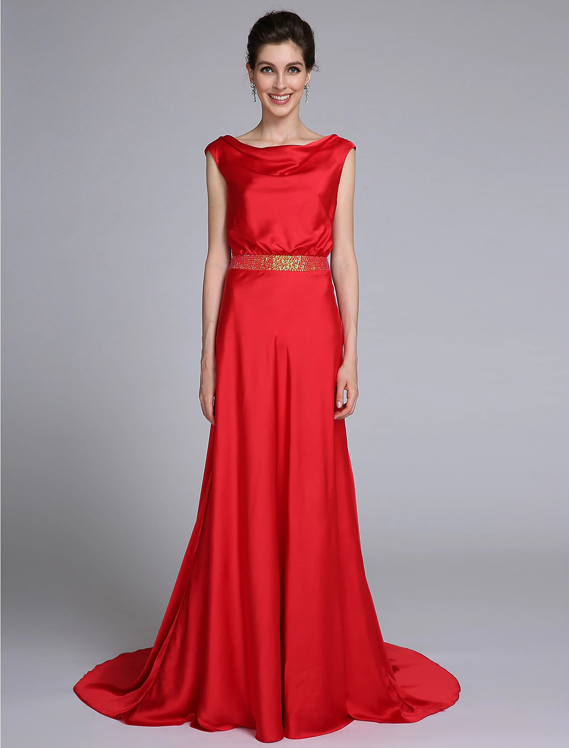 Sheath / Column Mother of the Bride Dress Open Back Cowl Neck Court Train Taffeta Sleeveless No with Beading