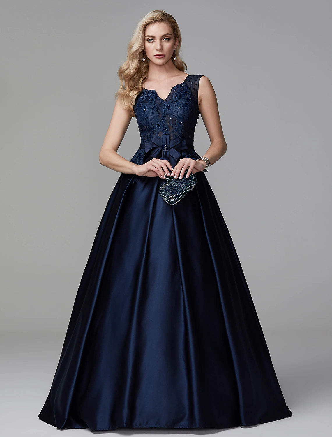 Ball Gown Peplum Quinceanera Formal Evening Dress V Neck Sleeveless Floor Length Lace with Bow(s) Beading