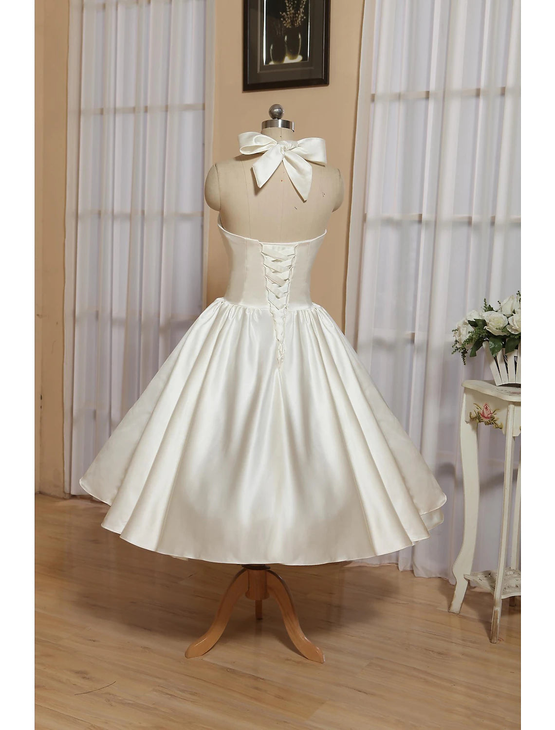 Reception Little White Dresses Wedding Dresses A-Line Halter Sleeveless Tea Length Satin Bridal Gowns With Bow(s) Pleats 2023 Summer Wedding Party