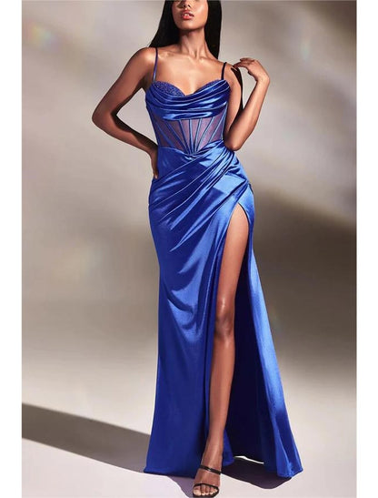 Sheath / Column Evening Gown Glittering Dress Wedding Prom Floor Length Sleeveless V Neck Stretch Satin Crisscross Back with Pleats Sequin Slit