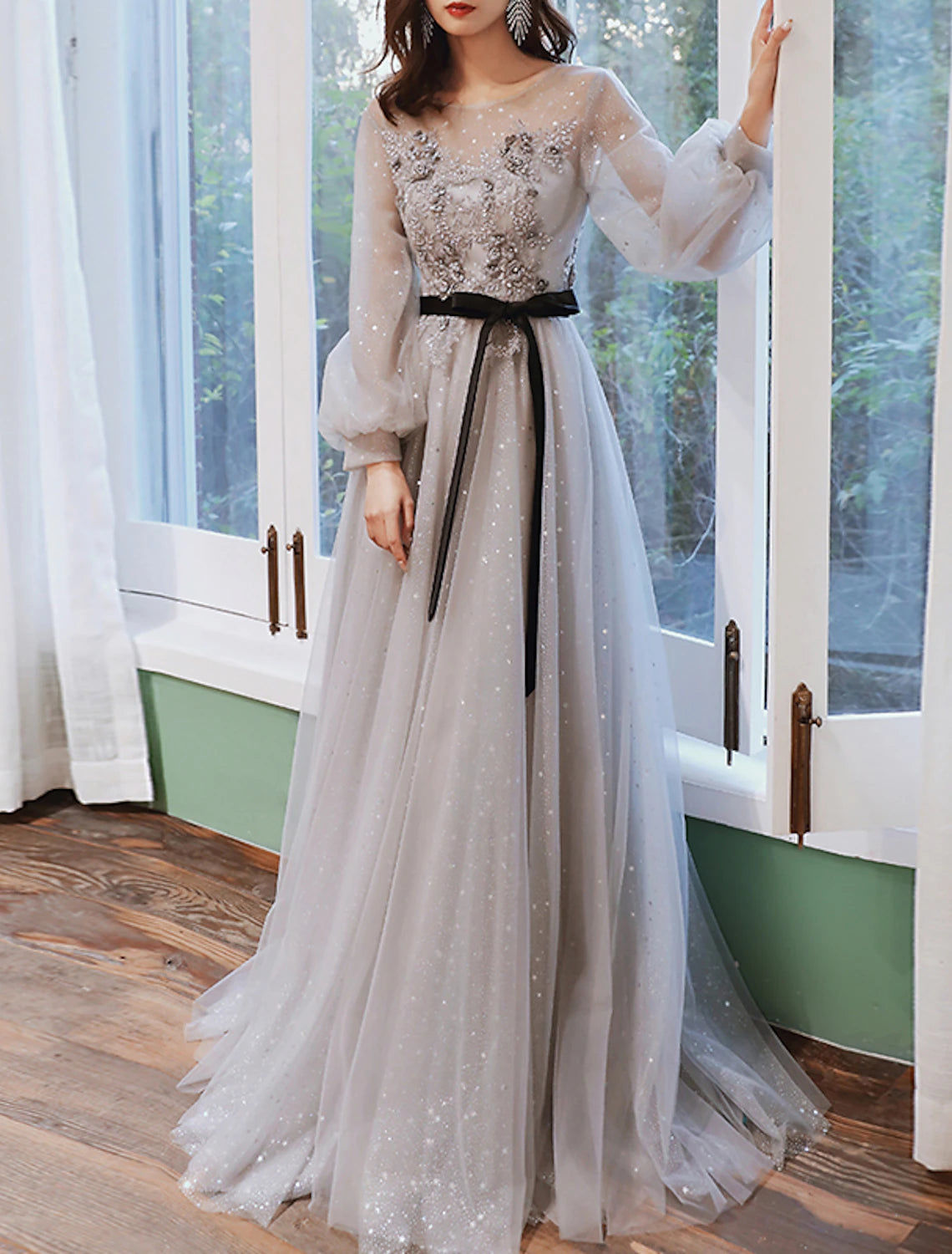 A-Line Prom Dresses Floral Dress Wedding Guest Engagement Sweep / Brush Train Long Sleeve Jewel Neck Tulle with Appliques