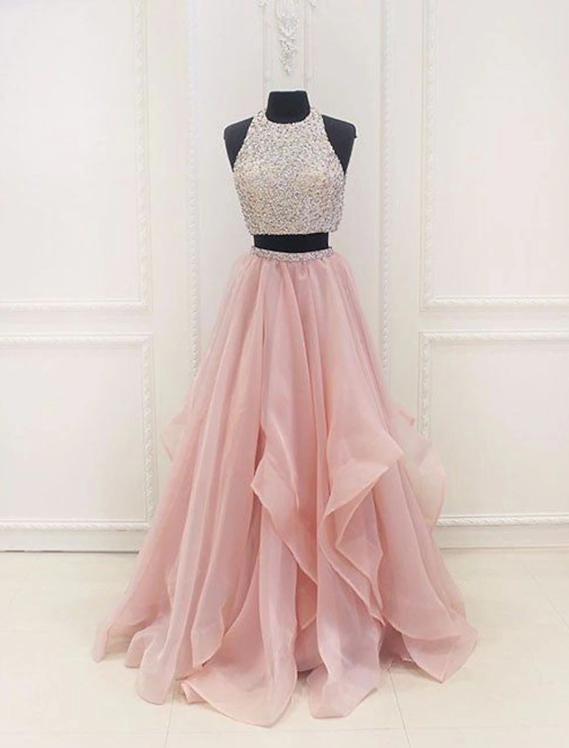 Two Piece Ball Gown Prom Dresses Sparkle & Shine Dress Party Wear Prom Floor Length Sleeveless Halter Neck Organza with Sequin