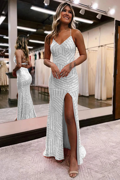 Sheath Spaghetti Straps Sequins Criss Cross Back Long Prom Dress