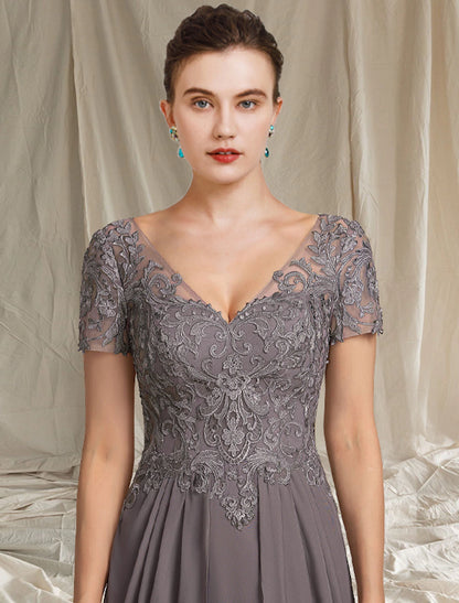 A-Line Mother of the Bride Dress Plus Size Elegant High Low V Neck Tea Length Chiffon Lace Short Sleeve with Pleats Appliques