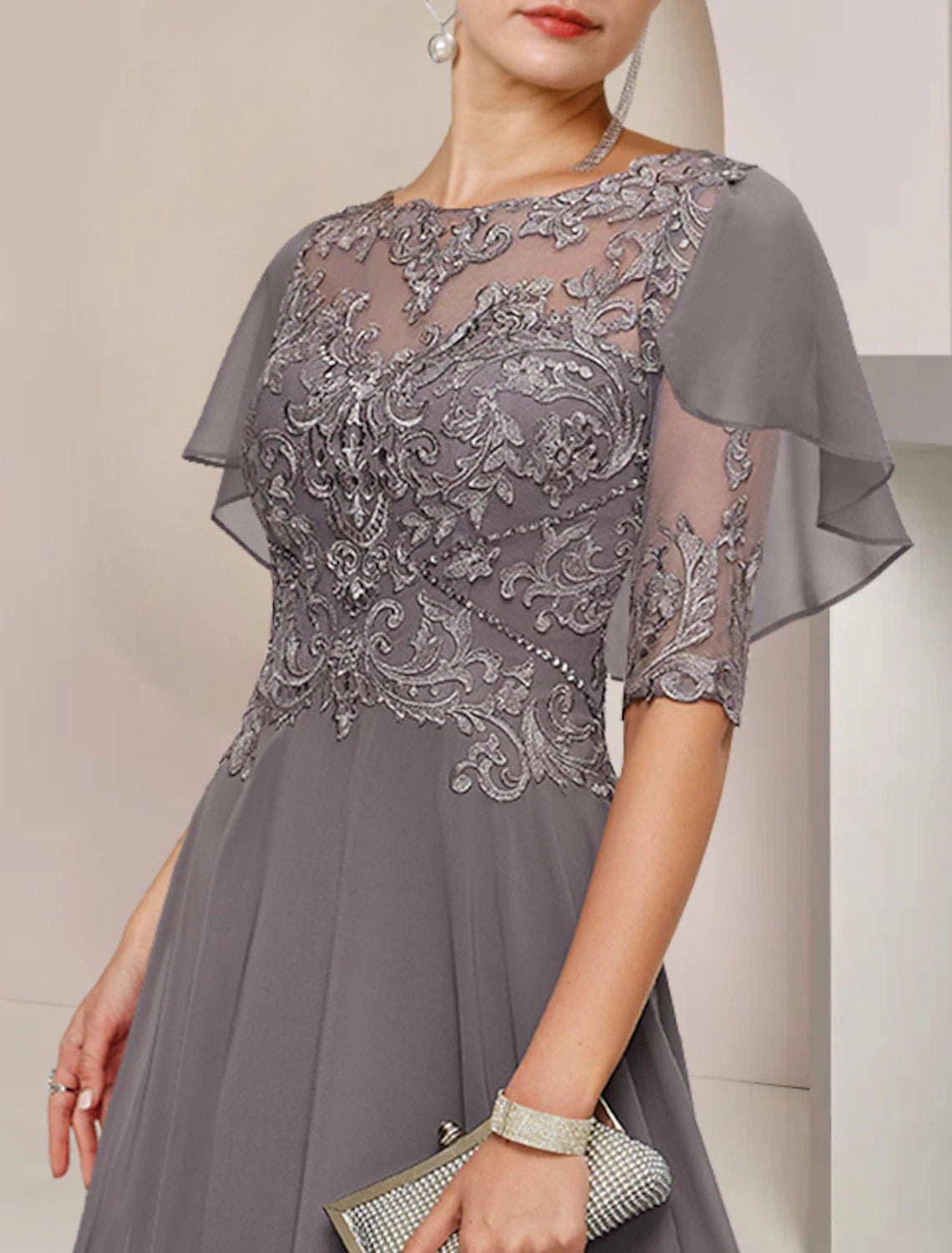 A-Line Mother of the Bride Dress Formal Fall Wedding Guest Elegant Scoop Neck Asymmetrical Tea Length Chiffon Lace Half Sleeve with Beading Appliques