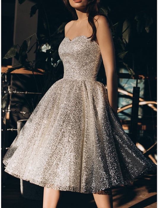 A-Line Prom Dresses Glittering Dress Party Wear Engagement Knee Length Sleeveless Strapless Sequined with Pleats Sequin