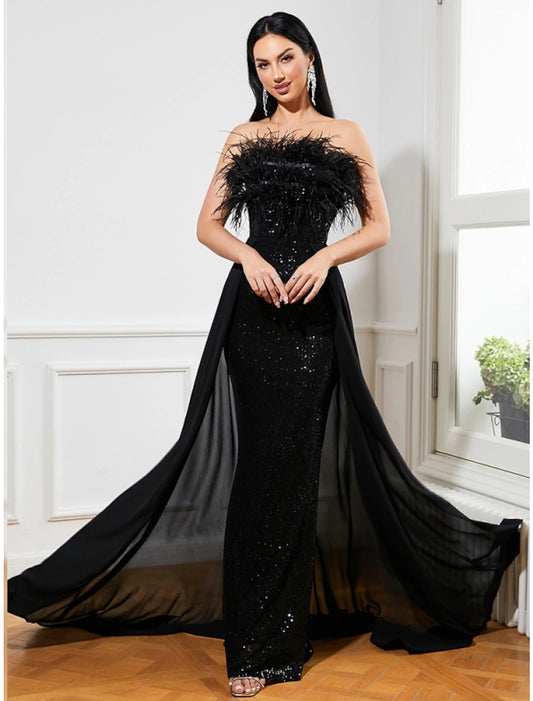 A-Line Evening Gown Sparkle & Shine Dress Formal Fall Sweep / Brush Train Sleeveless Strapless Sequined with Feather Glitter