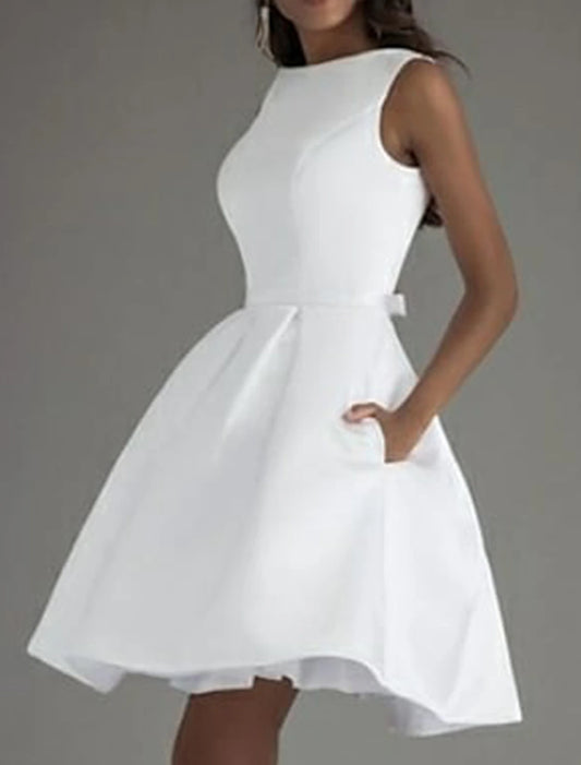 A-Line Cocktail Dresses Minimalist Dress Valentine's Day Wedding Guest Knee Length Sleeveless Boat Neck Satin V Back with Sleek Bow(s) Pure Color