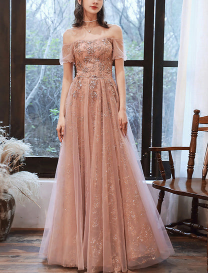 A-Line Evening Gown Glittering Dress Engagement Floor Length Short Sleeve Off Shoulder Spandex with Sequin Appliques