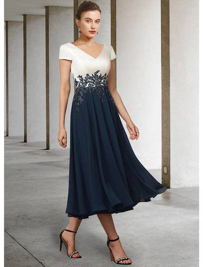 A-Line Mother of the Bride Dress Elegant V Neck Tea Length Chiffon Satin Lace Short Sleeve with Pleats Appliques