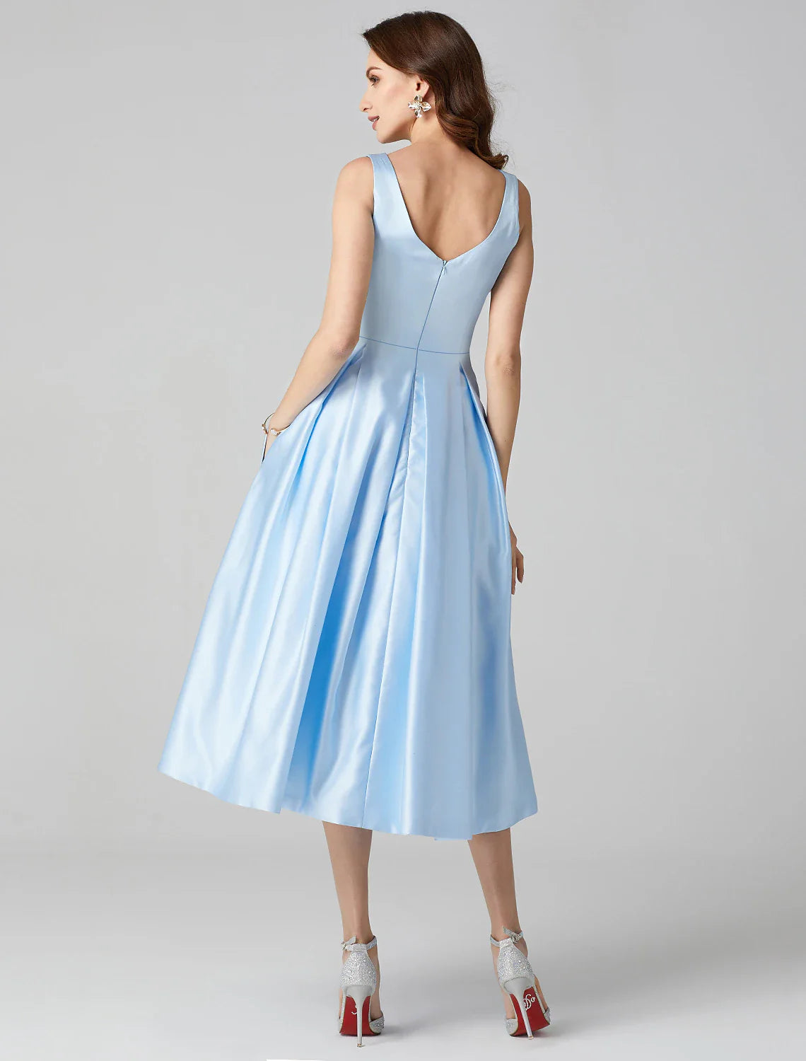 A-Line Cocktail Dresses Party Dress Formal Wedding Guest Tea Length Sleeveless Jewel Neck Pocket Satin with Pleats Shouder Flower