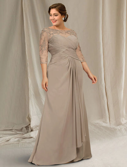 A-Line Mother of the Bride Dress Plus Size Elegant Jewel Neck Floor Length Chiffon Lace 3/4 Length Sleeve with Ruched Appliques