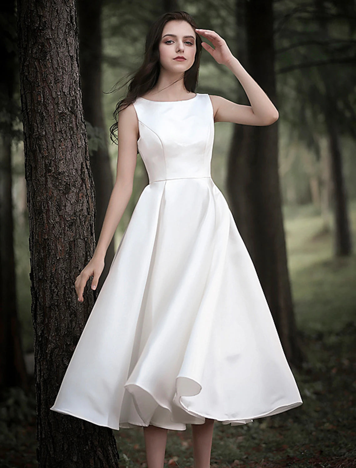 Reception Little White Dresses Wedding Dresses A-Line Scoop Neck Sleeveless Tea Length Satin Bridal Gowns With