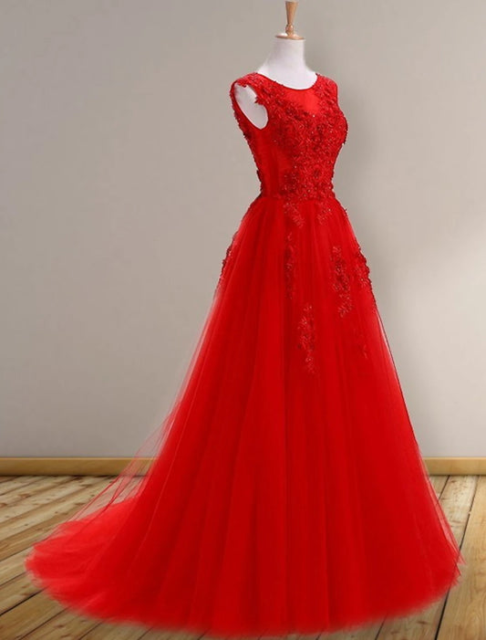 A-Line Prom Dresses Floral Dress Wedding Guest Engagement Sweep / Brush Train Sleeveless Jewel Neck Tulle with Appliques