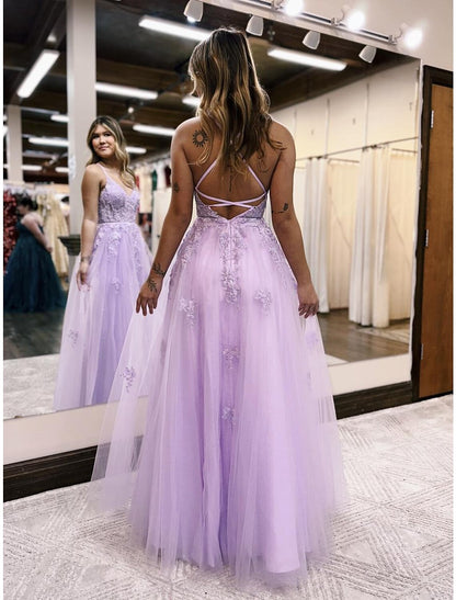 A-Line Evening Gown Open Back Dress Formal Floor Length Sleeveless V Neck Tulle Backless with Beading Slit Appliques