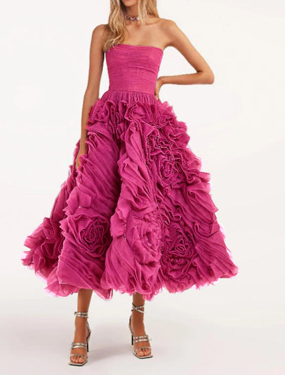 A-Line Prom Dresses Floral Dress Masquerade Ankle Length Sleeveless Strapless Tulle Backless with Floral