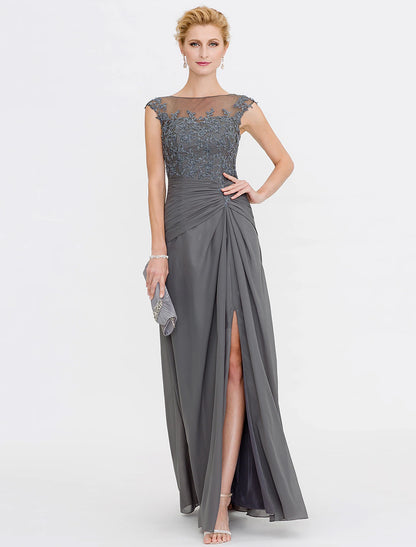 A-Line Mother of the Bride Dress Elegant See Through Bateau Neck Floor Length Chiffon Lace Sleeveless with Side Draping