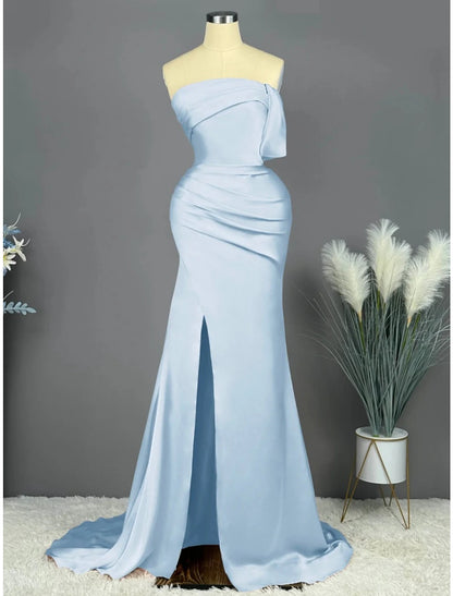 A-Line Evening Gown Elegant Dress Formal Sweep / Brush Train Sleeveless Strapless Satin with Pleats Ruched Slit