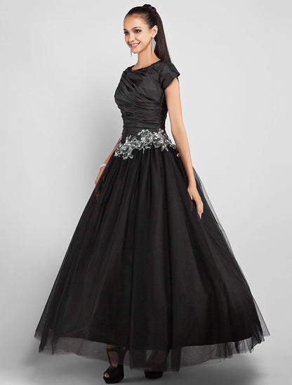 Ball Gown Little Black Dress Dress Prom Formal Evening Ankle Length Short Sleeve Jewel Neck Taffeta with Appliques Side Draping