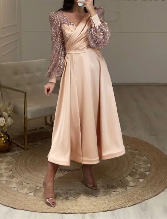 A-Line Cocktail Dresses Elegant Dress Party Wear Wedding Guest Tea Length Long Sleeve V Neck Fall Wedding Guest Satin with Ruched