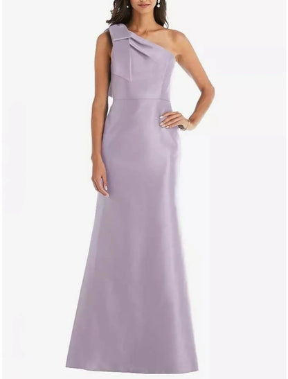 Sheath / Column Bridesmaid Dress One Shoulder Sleeveless Elegant Floor Length Satin with Bow(s) / Ruching