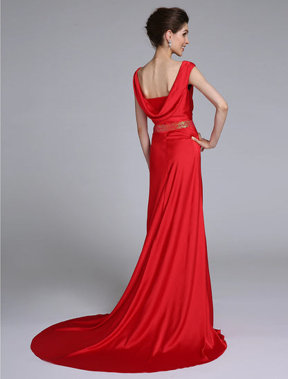 Sheath / Column Mother of the Bride Dress Open Back Cowl Neck Court Train Taffeta Sleeveless No with Beading