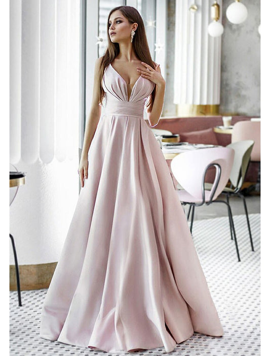 A-Line Elegant Engagement Formal Evening Dress V Neck Sleeveless Sweep / Brush Train Satin with Pleats