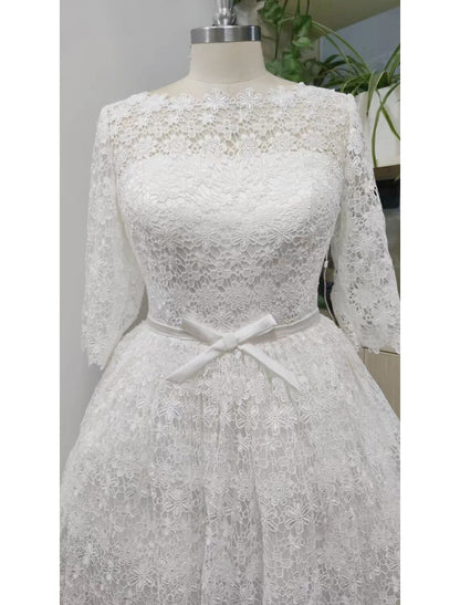 Reception Little White Dresses Fall Wedding Dresses A-Line Scoop Neck 3/4 Length Sleeve Knee Length Lace Bridal Gowns With Sashes / Ribbons Appliques