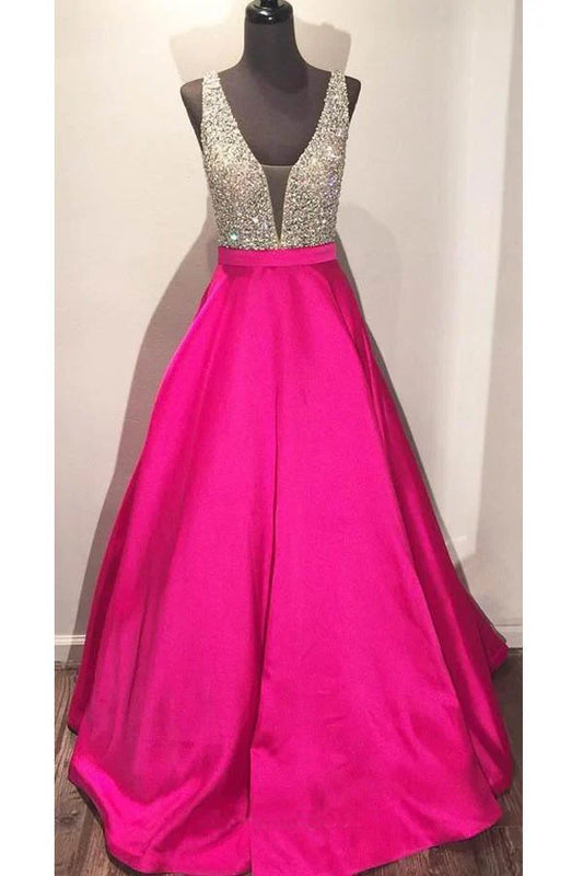 A-line V-neck Floor-length Ball Gown Satin Beading Prom Dress