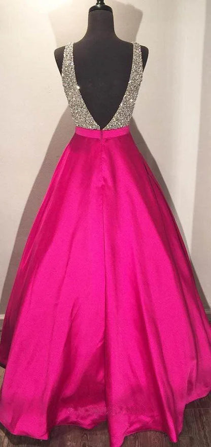 A-line V-neck Floor-length Ball Gown Satin Beading Prom Dress