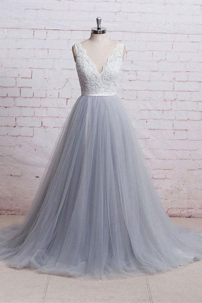 A-line V-neck Lace Bodice Tulle  Train Prom Dresses