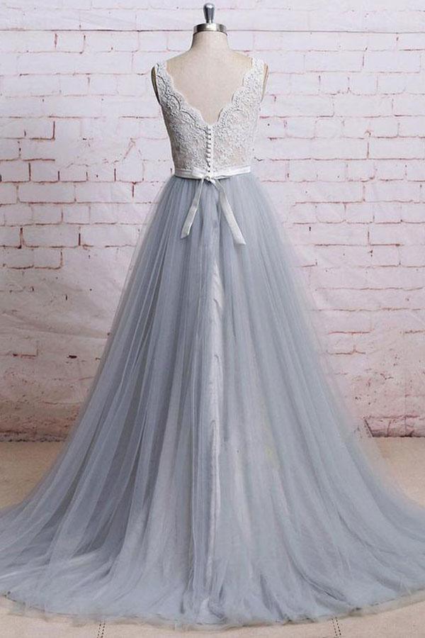 A-line V-neck Lace Bodice Tulle  Train Prom Dresses