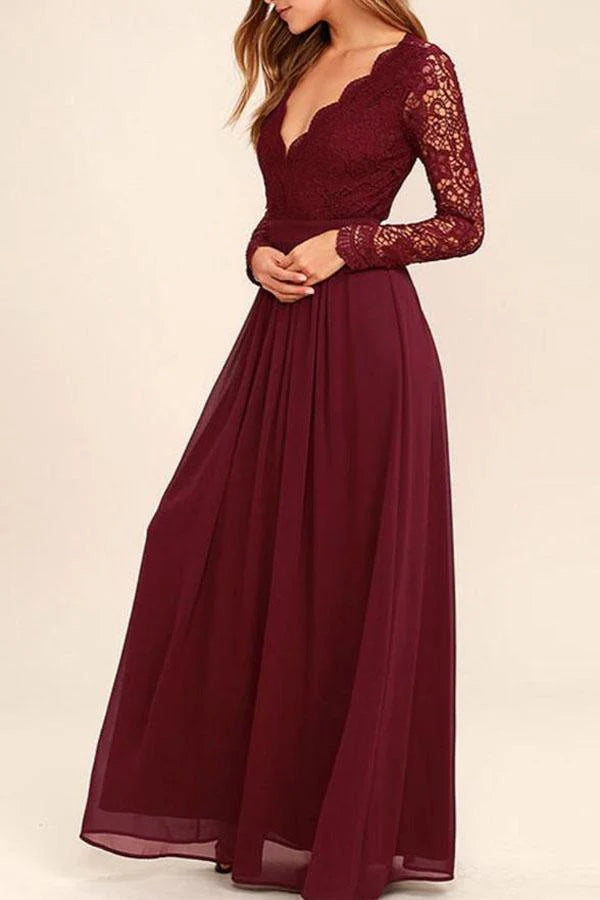 V-neck Long Sleevs Lace Chiffon Prom Dress