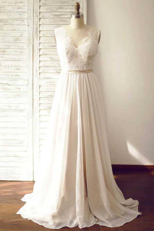 A-line V-neck Sleeveless Open Back Lace Wedding Dress