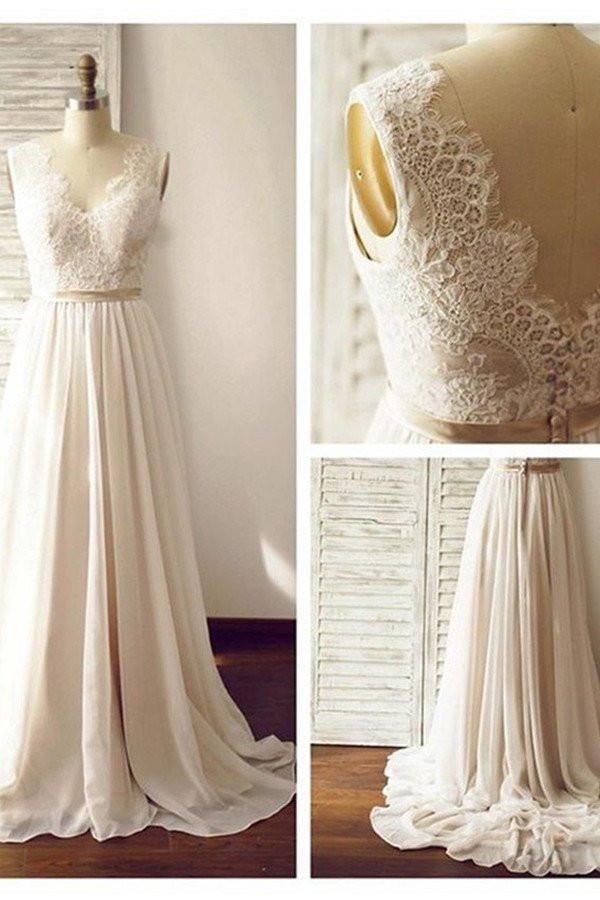 A-line V-neck Sleeveless Open Back Lace Wedding Dress