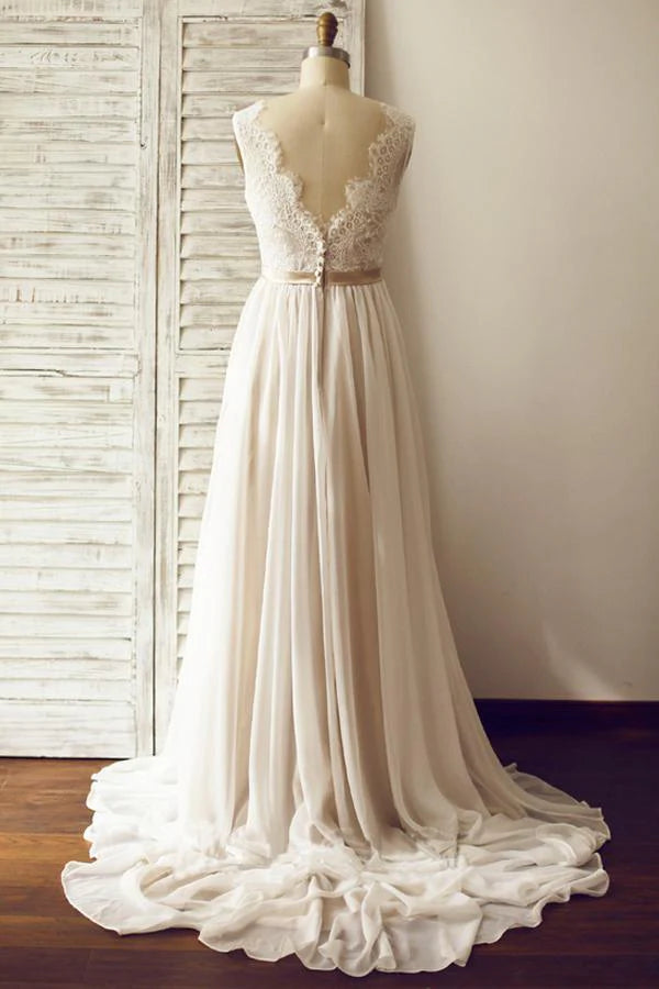 A-line V-neck Sleeveless Open Back Lace Wedding Dress