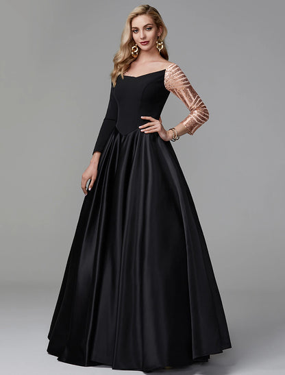 Ball Gown Sparkle Quinceanera Formal Evening Dress Off Shoulder Long Sleeve Floor Length Satin with Sequin