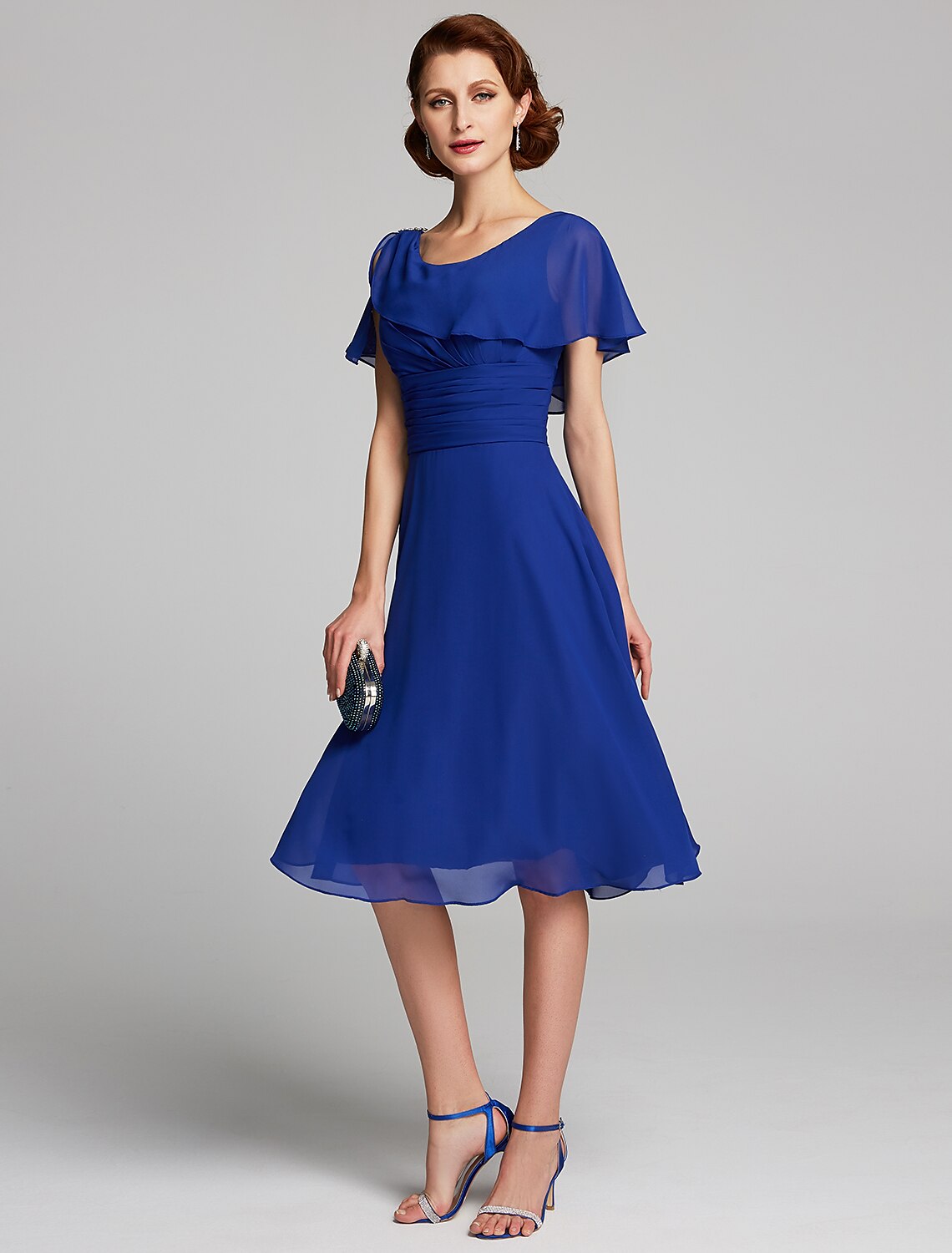 A-Line Mother of the Bride Dress Cowl Neck Knee Length Chiffon Short Sleeve with Ruffles