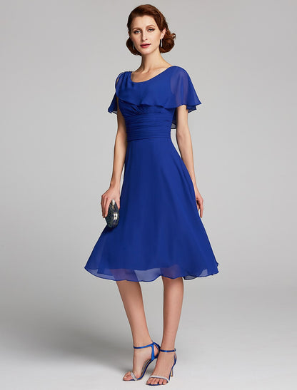 A-Line Mother of the Bride Dress Cowl Neck Knee Length Chiffon Short Sleeve with Ruffles