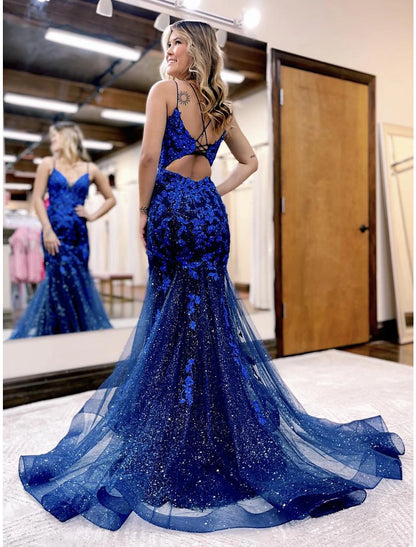 Mermaid / Trumpet Prom Dresses Sparkle & Shine Dress Formal Wedding Party Court Train Sleeveless V Neck Tulle Backless with Glitter Beading Applique